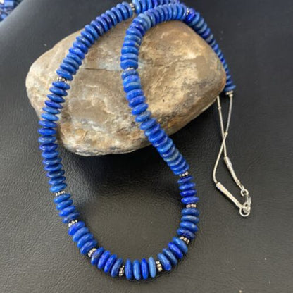 Men's Blue Lapis Bead Necklace | 8mm Liquid Silver Heishi | Sterling Silver | 24" | 12775