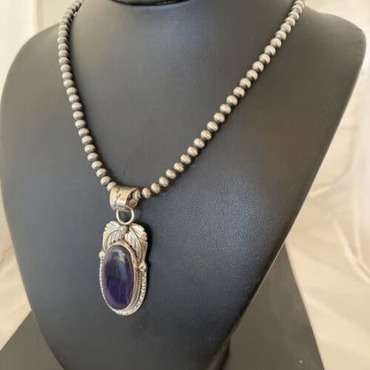 Native American Men's Navajo Pearls Necklace | Sterling Silver Sugilite Pendant | 01529