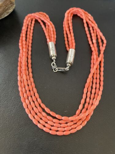 Navajo Pink Coral 5-Strand Necklace | Sterling Silver Barrel Beads | 22" | Authentic Native American | 10436