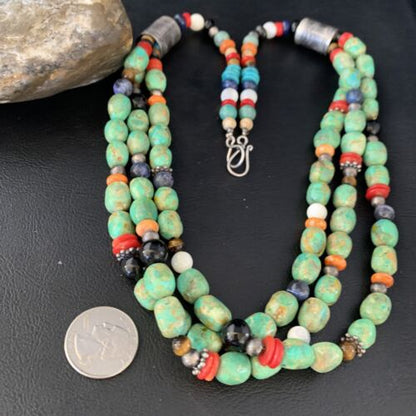 Multi-Color Green Turquoise Spiny Lapis Necklace | 3-Strand Sterling Silver | 13954