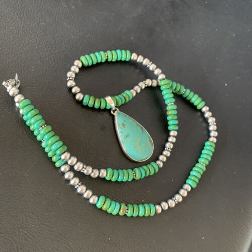 Navajo Pearls Green Turquoise Pendant Necklace | Sterling Silver Beads | Authentic Native American Handmade | 13308