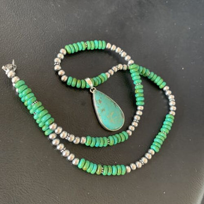 Navajo Pearls Green Turquoise Pendant Necklace | Sterling Silver Beads | Authentic Native American Handmade | 13308