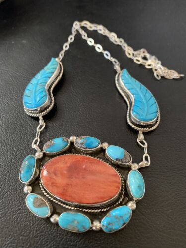 Navajo Red Spiny Oyster & Blue Turquoise Necklace | Sterling Silver | 21" | Authentic Native American Handmade | 2112