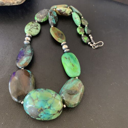Navajo Sterling Silver Graduated Green Nugget Turquoise Necklace | Authentic Native American | 21" | 10724