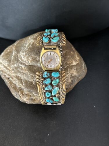 Authentic Native American Navajo Blue Kingman Turquoise Watch Tips | Sterling Silver | Old Pawn Jewelry | 14267