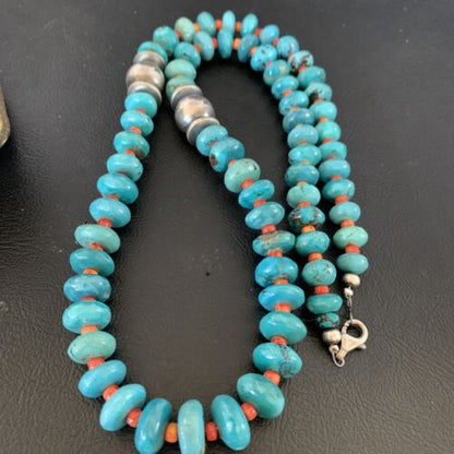 Navajo Natural Turquoise and Spiny Oyster Necklace | Sterling Silver | 25" | Authentic Native American Handmade | 13235
