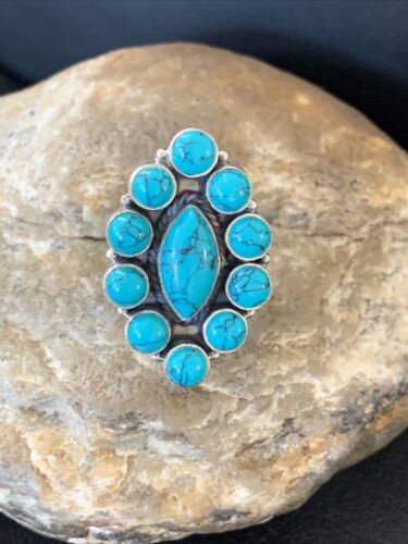 Navajo Blue Cluster Turquoise Ring | Authentic Native American Sterling Silver | Multi-Stone | Sz 10 | 12308