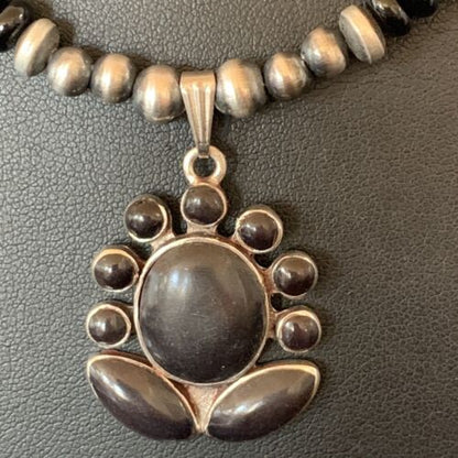 Navajo Pearl Black Onyx Necklace with Pendant | Sterling Silver | 22" | Authentic Native American Handmade | 12279