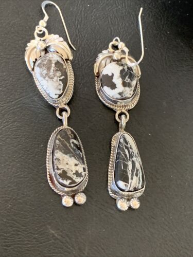 White Buffalo Turquoise Dangle Earrings | Sterling Silver | 2.5" | Authentic Native American Handmade | 12156