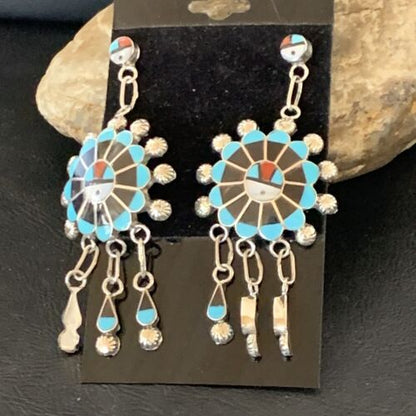 Zuni Sun Face Dangle Earrings | Kingman Turquoise & Black Onyx | Sterling Silver | 12127
