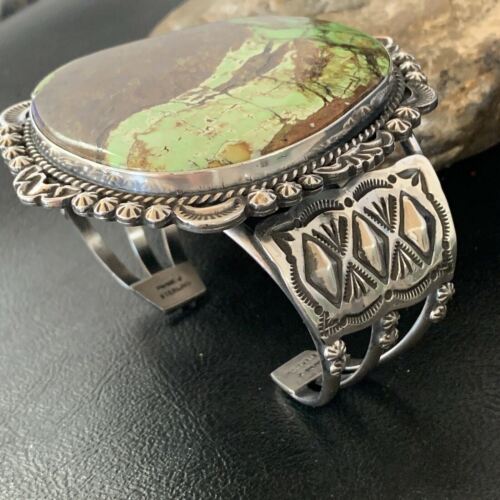Native American Men's Navajo Bracelet | Sterling Silver Green Gaspeite | Authentic Handmade | 2046