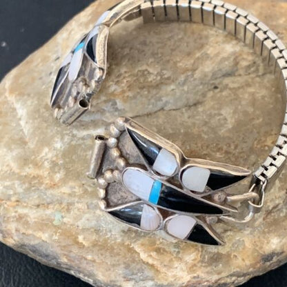 Navajo Sterling Silver Watch Tips | Old Pawn Turquoise Onyx Mother of Pearl Inlay | Authentic Native American Jewelry | 11929 - Masha USA