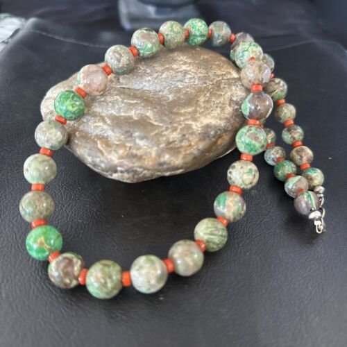 Navajo Green Turquoise Red Coral Necklace | Sterling Silver | 20" | Authentic Native American Handmade | 14736