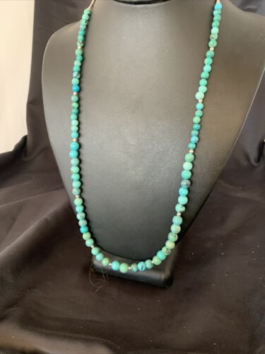Navajo Women's | Natural Blue Turquoise Bead Necklace | Sterling Silver | 25" | Authentic Native American Handmade | 11664