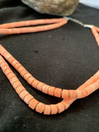 Navajo Pink Coral 2 Strand Heishi Bead Necklace | Sterling Silver Tube | 16" | Authentic Native American | 00758
