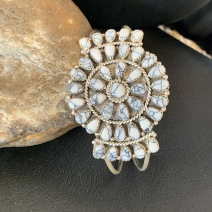 Navajo White Buffalo Turquoise Cluster Cuff Bracelet | Sterling Silver | Authentic Native American Handmade | 12102