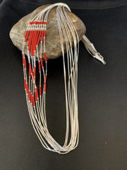 Red Coral Heishi Necklace | 10 Strand Liquid Silver | Sterling Silver Tubes | 26" | 13060
