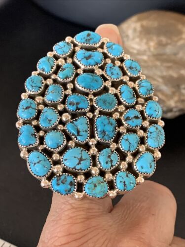 Navajo Kingman Turquoise Cluster Ring | Authentic Native American Sterling Silver | Multi-Stone | Sz 7 | 12226
