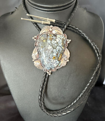Men's Bolo Tie | White Buffalo Turquoise | Sterling Silver | Navajo | 3" | 14784