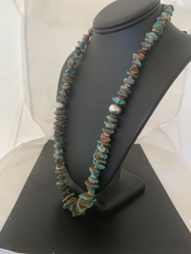Navajo Green Turquoise & Spiny Oyster  Necklace | Sterling Silver | 26" Graduated | Authentic Native American | 00609
