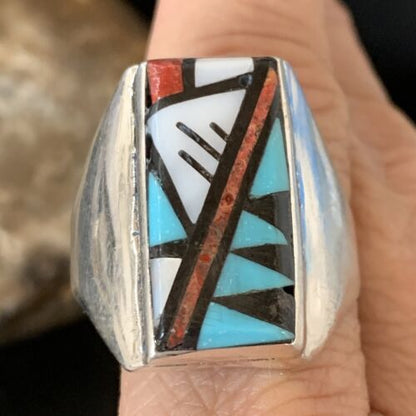XL Zuni Men's Spiny Blue Turquoise Inlay Ring | Sterling Silver | Sz 15 | 12427