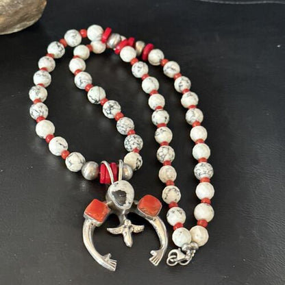 Navajo White Buffalo Turquoise Coral Naja Pendant Necklace | Sterling Silver | 24" | 14687