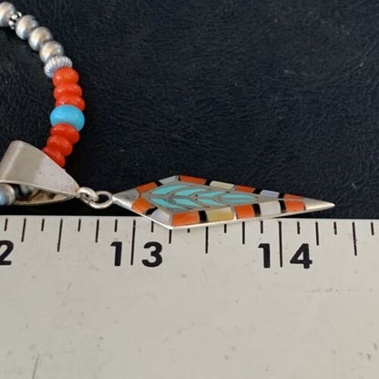 Navajo Blue Turquoise Coral Pendant Necklace | Sterling Silver Inlay | Authentic Native American Handmade | 13840