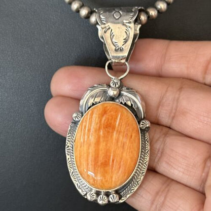 Navajo Pearls Orange Spiny Oyster Necklace Pendant | Sterling Silver | Authentic Native American Handmade | 14718