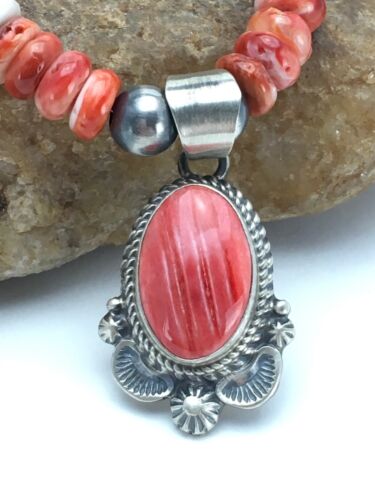 Navajo Red Spiny Oyster Pendant Necklace | Sterling Silver | Authentic Native American Handmade | 2690