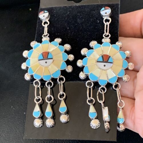 Zuni Sun Face Kingman Turquoise & Yellow Mother of Pearl Dangle Earrings | Sterling Silver | 12126