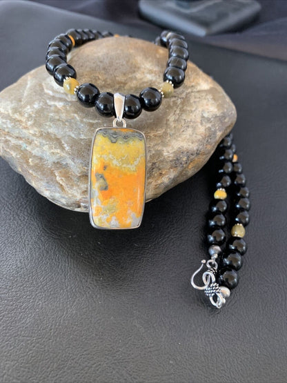 Men's Navajo Pearls Onyx Bumblebee Jasper Necklace Pendant | Sterling Silver | Native American Handmade | 10326
