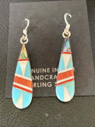 Navajo Multi-Color Turquoise Spiny Opal Inlay Earrings | Sterling Silver | 1.5" | 12999