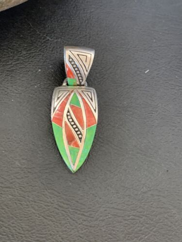 Navajo Pink Coral & Green Gaspeite Inlay Pendant | Sterling Silver | Authentic Native American Handmade | 12483