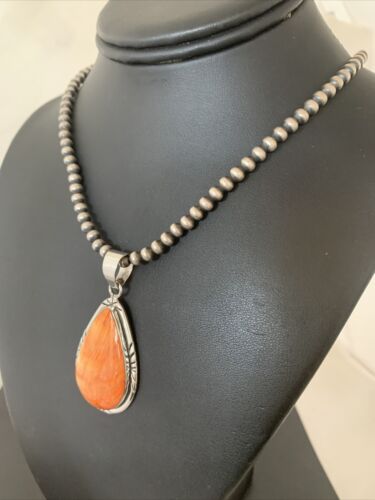 Navajo Men's Orange Spiny Oyster Pendant Necklace | Sterling Silver | Authentic Native American Handmade | 01760