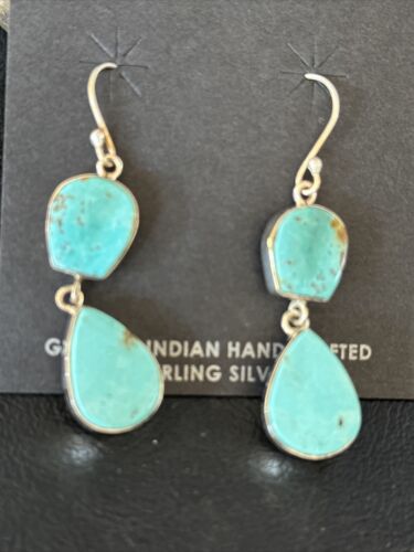 Kingman Turquoise Dangle Earrings | Navajo Handmade | Sterling Silver | Authentic Native American | 14579