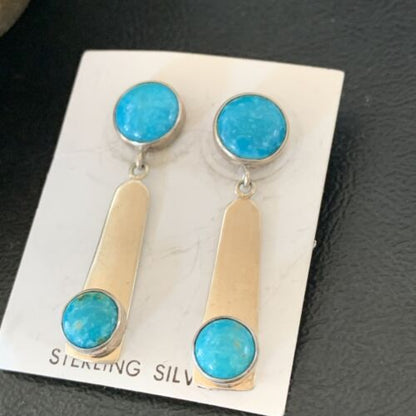 Handmade Navajo Kingman Turquoise Dangle Earrings | Sterling Silver | Authentic Native American | 2044