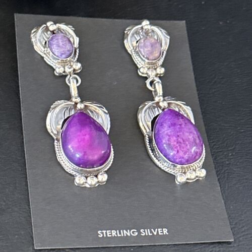 Navajo Purple Sugilite Dangle Earrings | Sterling Silver | 2" | Authentic Native American Handmade | 14404