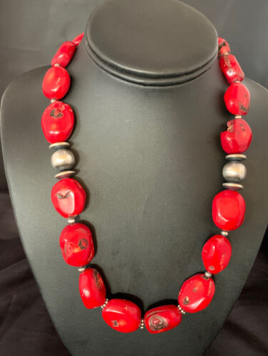 Navajo Red Coral Bead Necklace | Sterling Silver | Graduated | Authentic Native American | 21" | 13199