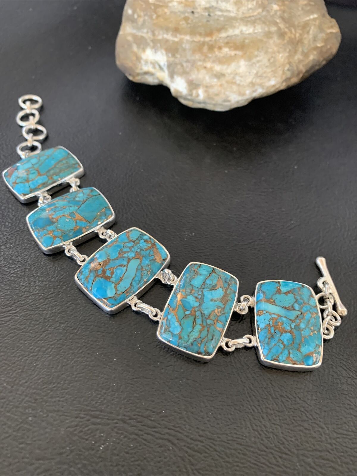 Navajo Blue Mojave Turquoise Link Bracelet | Sterling Silver | 8" | Authentic Native American Handmade | 11628