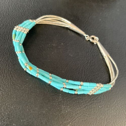 Navajo Blue Green Turquoise Heishi Sterling Silver Bracelet | 5-Strand | 8" | 13617
