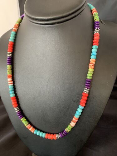 Multi-Color Turquoise Necklace | Sterling Silver | 21" | Authentic Native American Handmade | 13213
