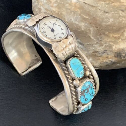 Navajo Sterling Silver Watch Cuff Bracelet | Blue Turquoise | Authentic Native American Jewelry | 13239