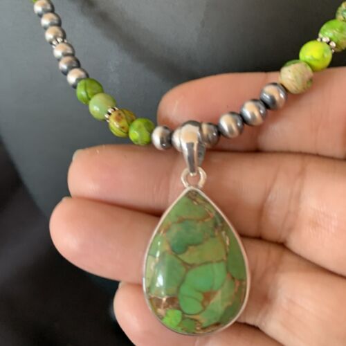 Navajo Pearl Necklace with Green Mojave Turquoise Pendant | Sterling Silver | Authentic Native American Handmade | 11759