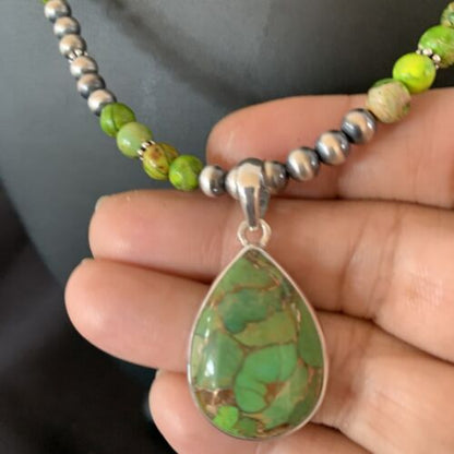 Navajo Pearl Necklace with Green Mojave Turquoise Pendant | Sterling Silver | Authentic Native American Handmade | 11759