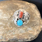 Navajo Blue Kingman Turquoise & Coral Feather Ring | Authentic Native American Sterling Silver | Multi-Stone | Sz 12 | 12217