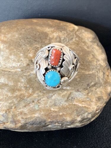 Navajo Blue Kingman Turquoise & Coral Feather Ring | Authentic Native American Sterling Silver | Multi-Stone | Sz 12 | 12217 - Masha USA
