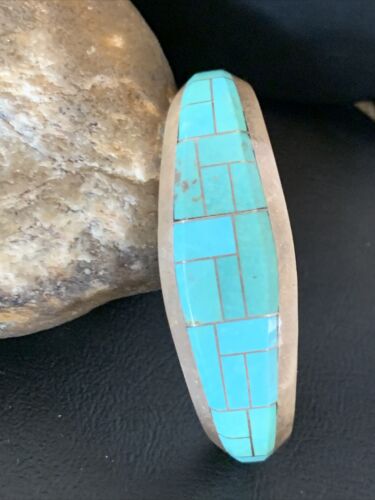 Native American Men's Bracelet | Sterling Silver Blue Kingman Turquoise Inlay | 12099