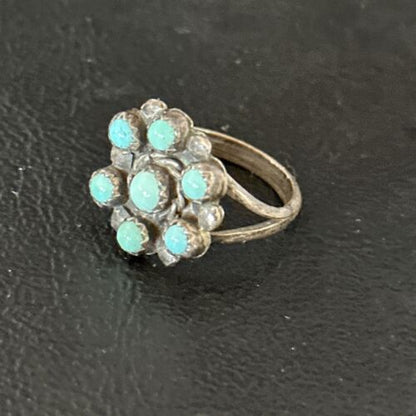 Zuni Blue Turquoise Cluster Ring | Authentic Native American Sterling Silver | Multi-Stone | Sz 7.5 | 14727