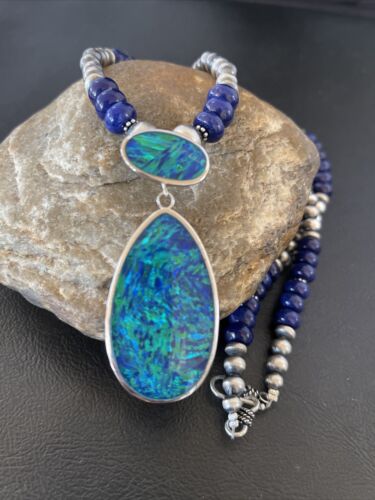 Women's Sterling Silver Necklace | Blue Lapis Bead Opal Inlay Pendant | Multi-Stone | 10584