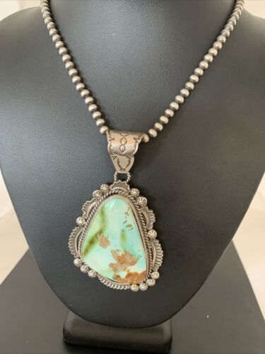 Navajo Green Royston Turquoise Pendant Necklace | Sterling Silver | Authentic Native American Handmade | 1935